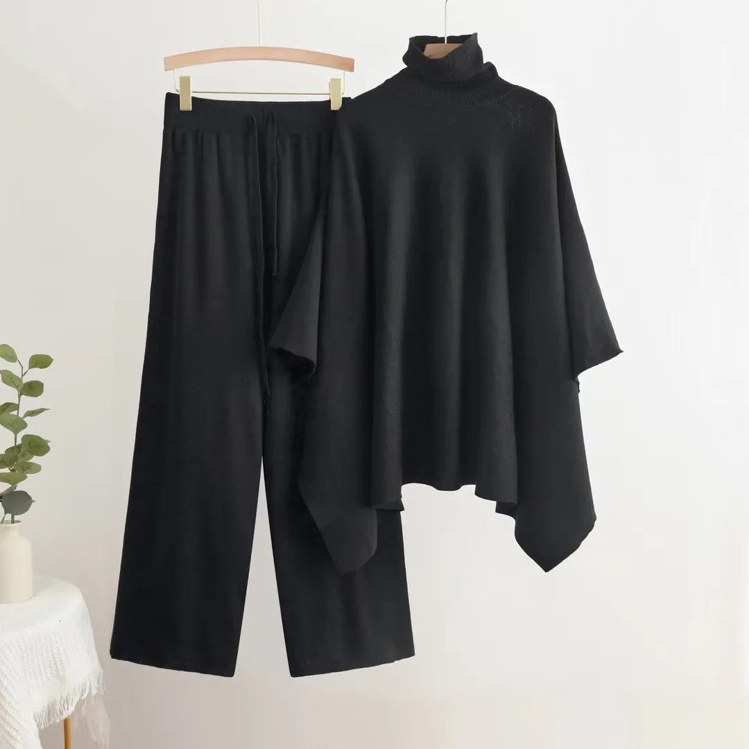 Elegant Knitted 2 Piece Sets Women Turtleneck Long Sleeve Knitwears Sweater Conjuntos Casual High Waist Sweatpants Outfit 241209