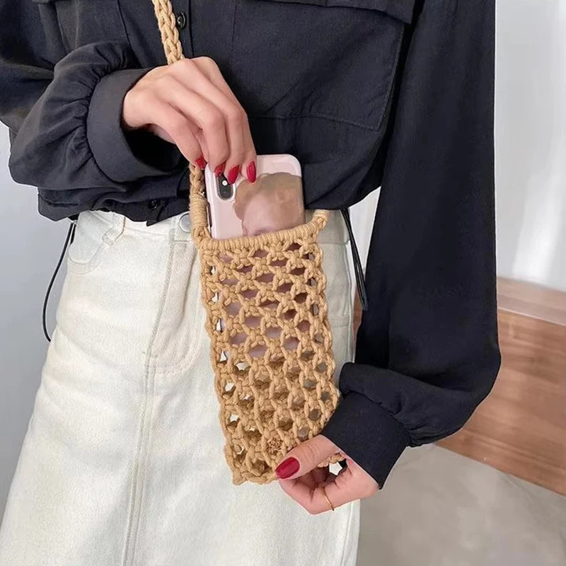 Womens fashionable small cross shaped mobile phone bag solid color hollow womens crochet lightweight woven shoulder bag 241213