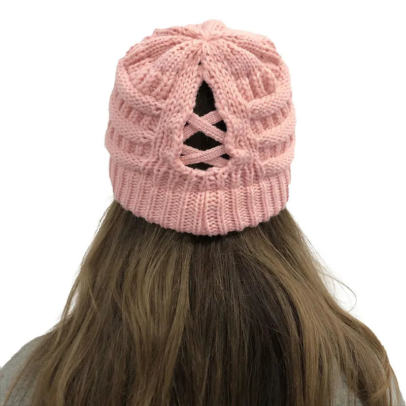 adult womens wool knitted hat autumn warm skull hat womens cross ponytail hat skull hat 241211