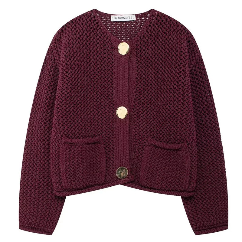 HXAO Womens Sweater Crochet Burgundy Sweater Cardigan Autumn Winter Crop Knit Outerwears Knitwear Long Sleeve Big Size Cardigan 241214