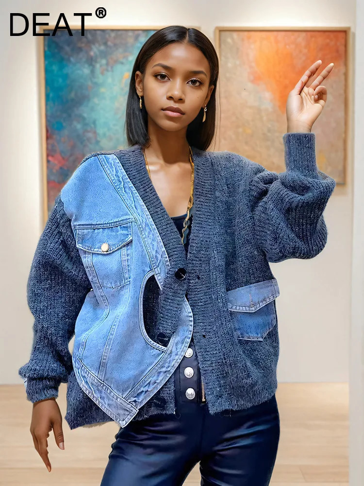 DEAT Spliced Denim Knitted Cardigan For Women Loose Casual Versatile Sweater Jacket Female Trend 2024 Autumn Items 33A2097 241214