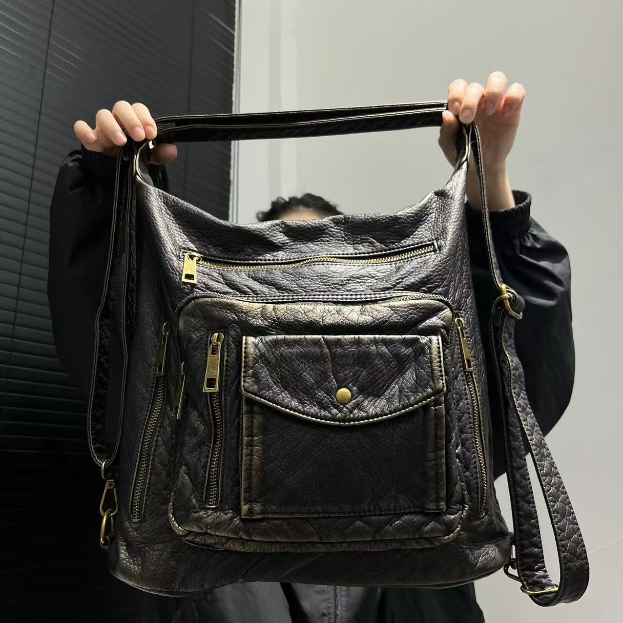 TEMU Women's Fashion Y2k Washed Used Hot Girl Motorcycle Tote Multi Functional Shoulder Bag
