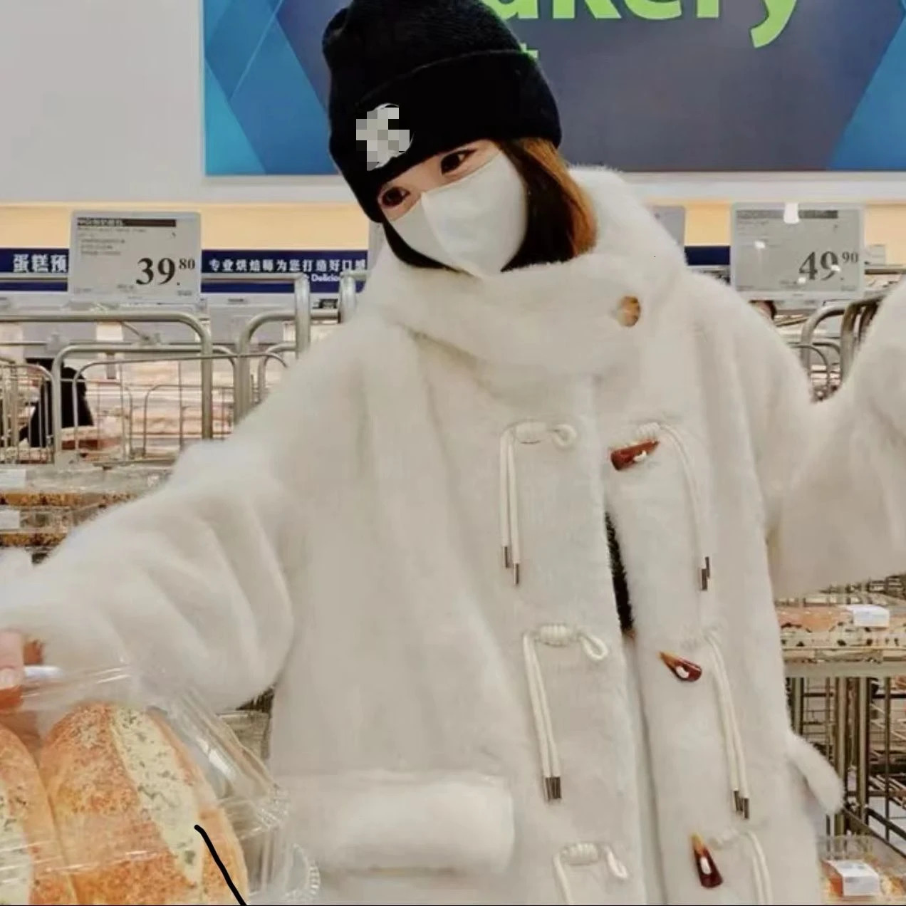 Winter Coat Hoodie Fashion Horn Button Environmental Protection Fur Women Clothing Thick Plush Loose Long Coats for 241211