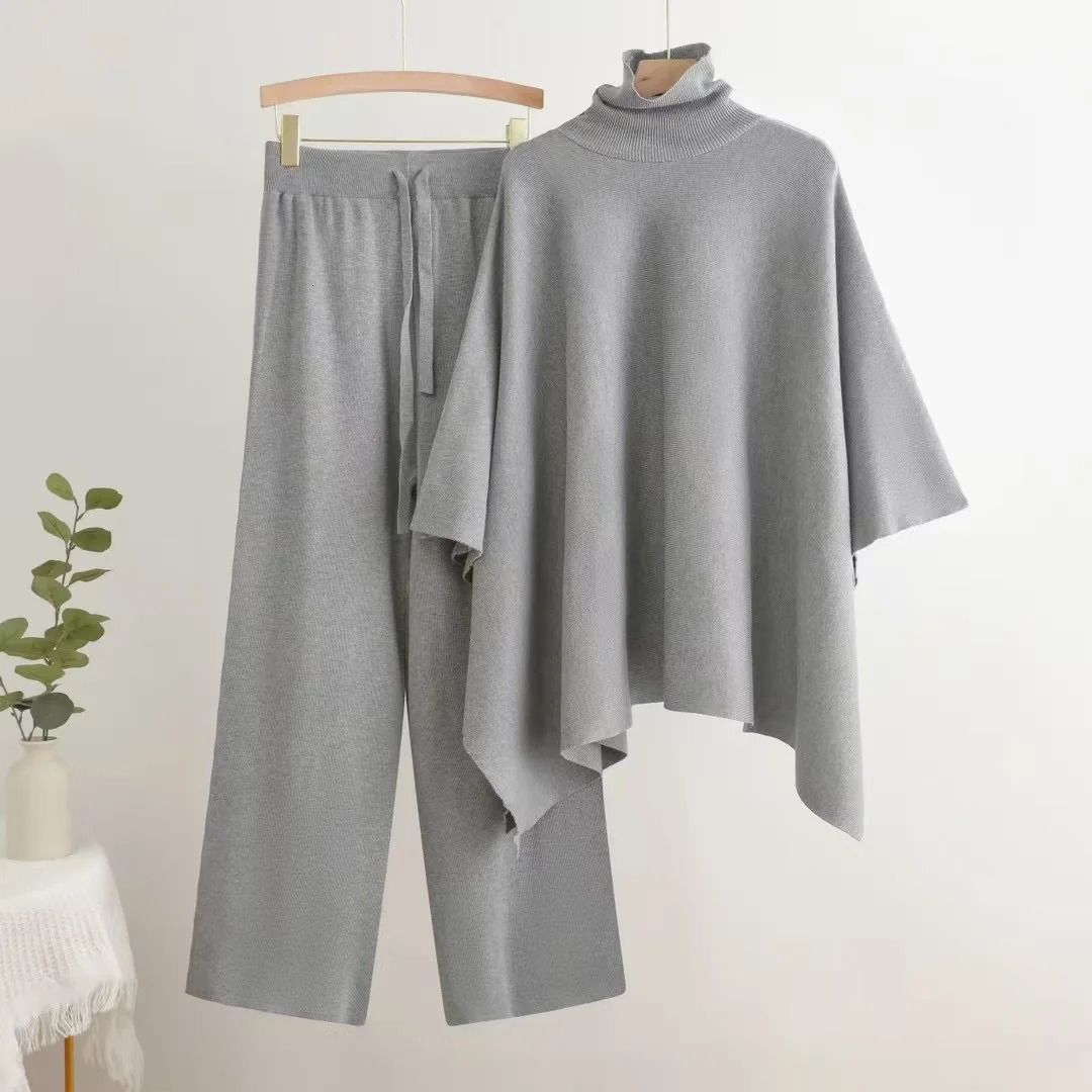 Elegant Knitted 2 Piece Sets Women Turtleneck Long Sleeve Knitwears Sweater Conjuntos Casual High Waist Sweatpants Outfit 241209