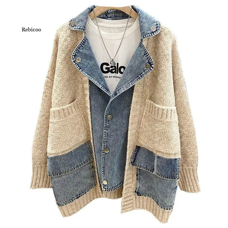 Womens autumn and winter spliced denim jacket womens long sleeved loose sweater cardigan item 241211