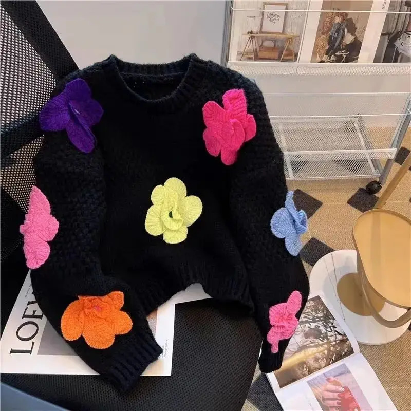 OMCHION South Korea Sweet Fashion Casual Lazy Style Dopamine 3D Floral Knitted 2024 Loose Sweater for Women 241211