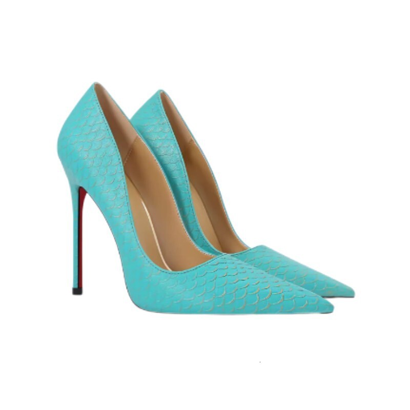 Snake Skin Pattern Blue High Heels For Women, 2024 New Item, Slim Heel, Pointed Toe, Shallow Mouth Design, Niche Single Heel Shoes