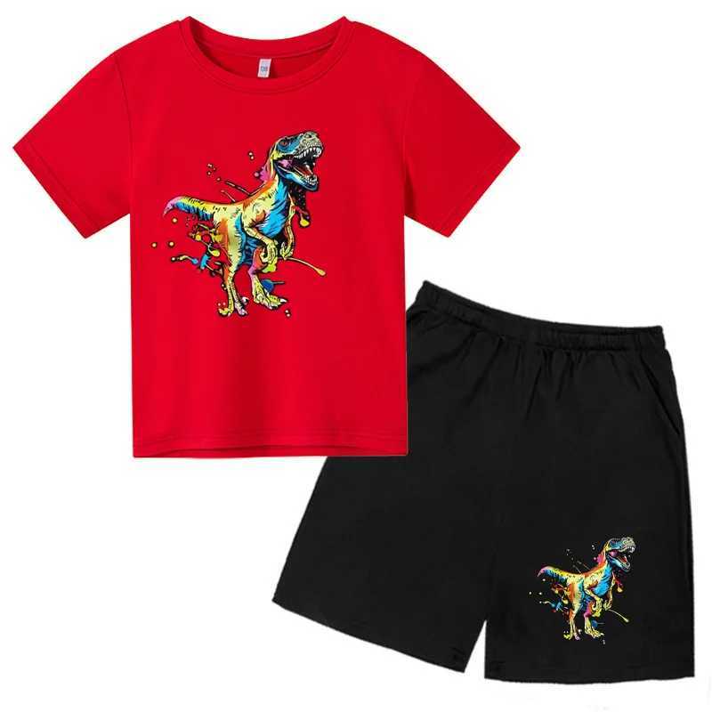 Clothing Sets 2024 New Graffiti Art Series Colorful Dinosaur Pattern Design Printed Boys Girls T-shirts+pants 2PCS Suits Chilren Clothes Sets H241214