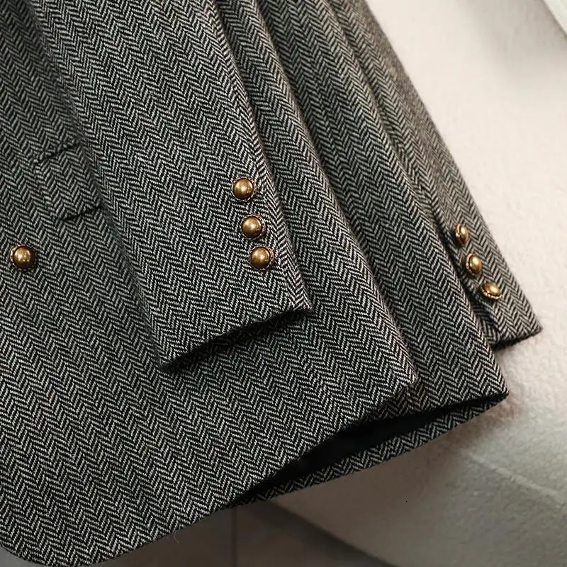 Autumn Winter Blazer Coats Womens Woolen Jackets Long Sleeve Notched Vintage Thick Outerwears Elegant Female Clothes 241209