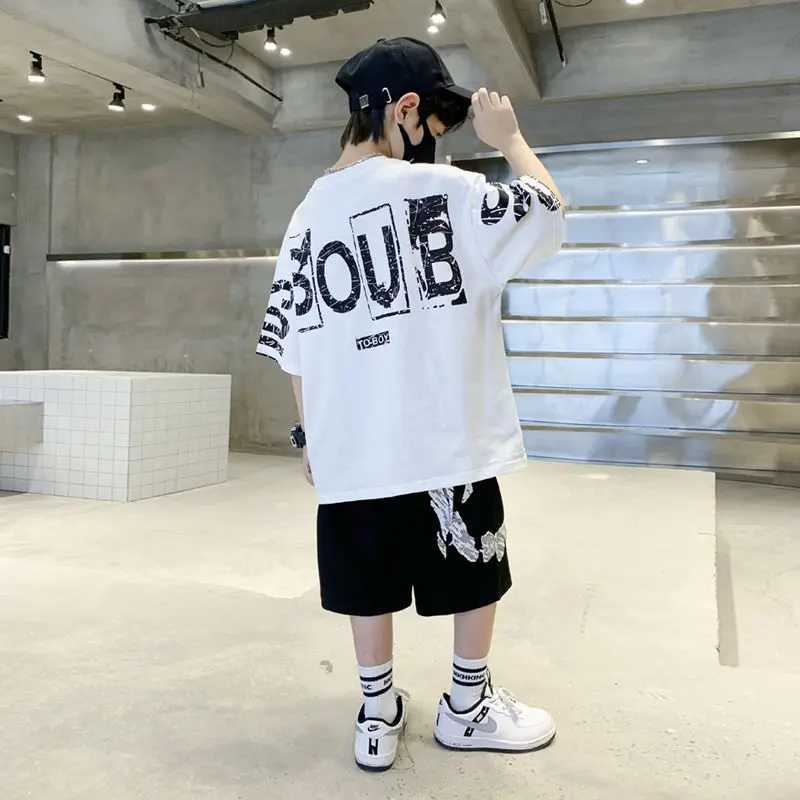 Clothing Sets Boys Summer Trendy Casual Sports 2pcs T-shirts+Pants Suits 3-14 Years Teenage Boys Hip Hop Style Fashion Outfits Clothes Sets H241214