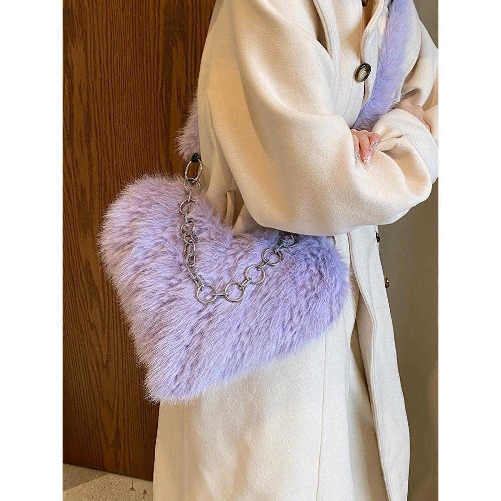 new autumn and winter versatile peach heart crossbody bag imitation fox fur bag womens handbag cute plush small bag