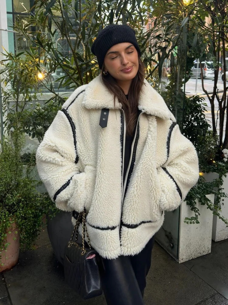 Fashion comparison splicing zipper lapel cashmere jacket womens fashion casual thick warm long sleeved jacket womens fashion jacket 241214
