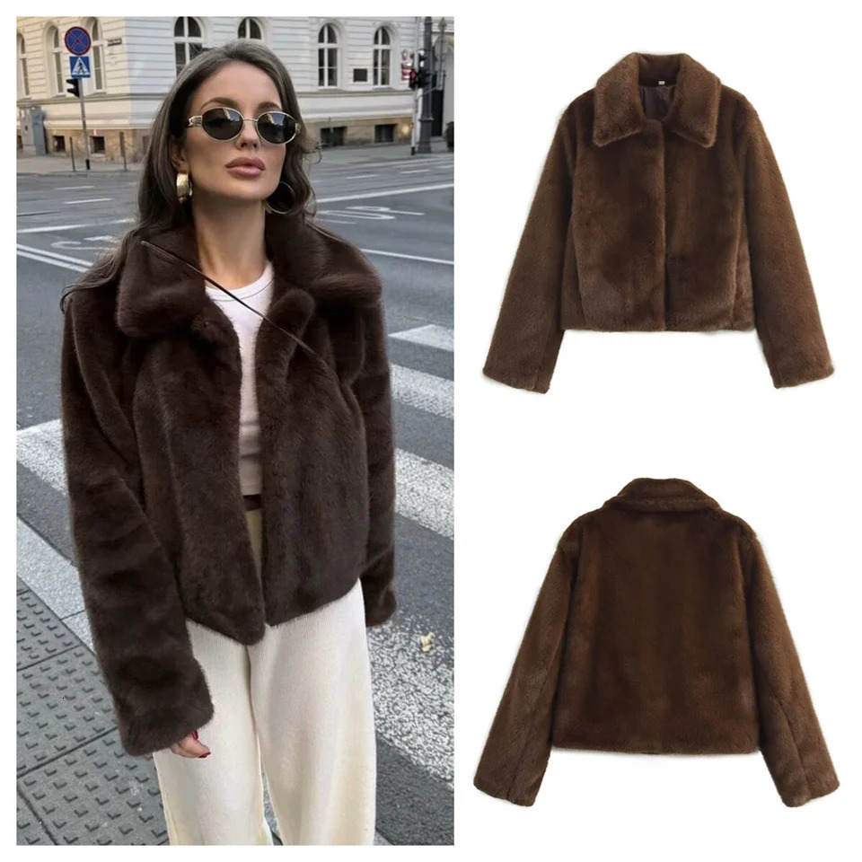 PB ZA Winter Womens Clothing Style Versatile Collar Long Sleeve Artificial Fur Effect Short Coat 241211