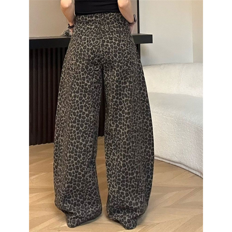 Leopard Print Womens Jeans High Waist Vintage Design Straight Baggy Pants Street Y2K American Style Wide Leg Denim Trouser