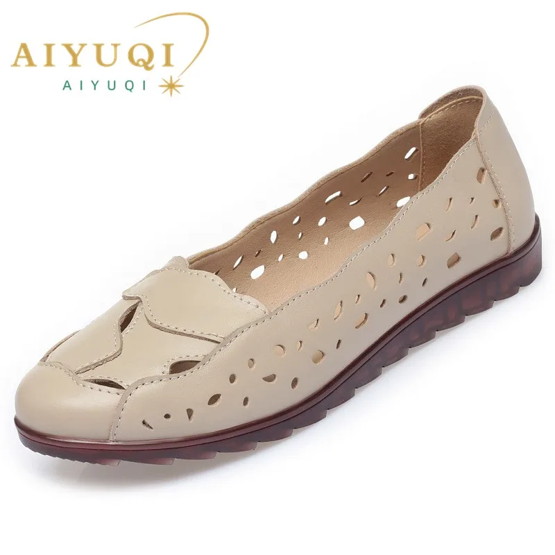 AIYUQI Women Shoes Hollow Spring Genuine Leather Hole Women's Shoes Casual Flat Large Size Mom Shoes Women