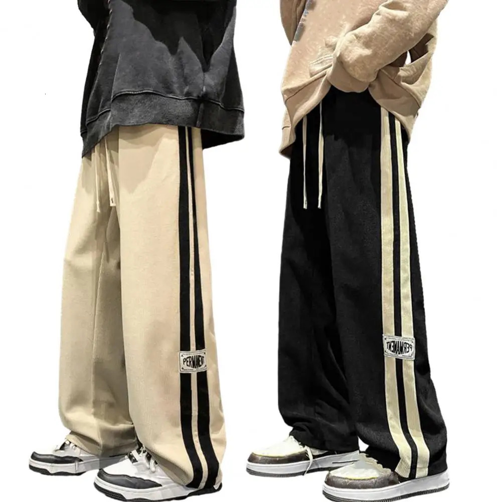 Men Casual Pants Retro Striped Mens Sweatpants with Elastic Waist Wide Leg for Comfortable Street Style Soft 241214