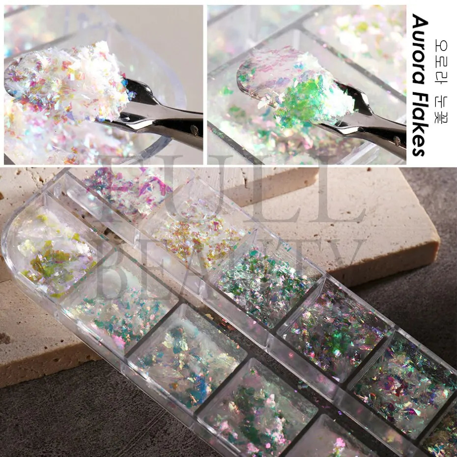 12 grid iris nail aurora glitter crystal flame slice holographic sequin charm gel polish ergonomic 241213