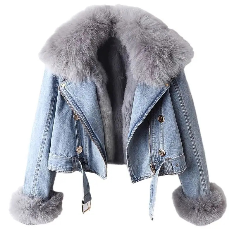 Womens Short Thick Denim Jacket Autumn/Winter Detachable Fox Fur Zipper Denim Jacket Womens Warm Parker Top 241210