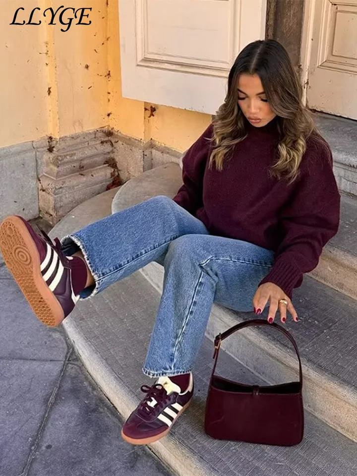 Retro womens Burgundy turtle neck sweater casual long sleeved thick pullout 2024 winter comfortable fully matched knit 241211