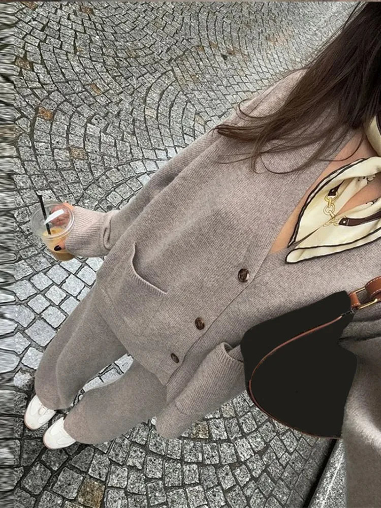 Elegant Knitted Cardigans Pant Sets Women Vneck Single Breasted Pocket Sweater Straight Long Trousers Suit 2 Pieces Lady Outfit 241209