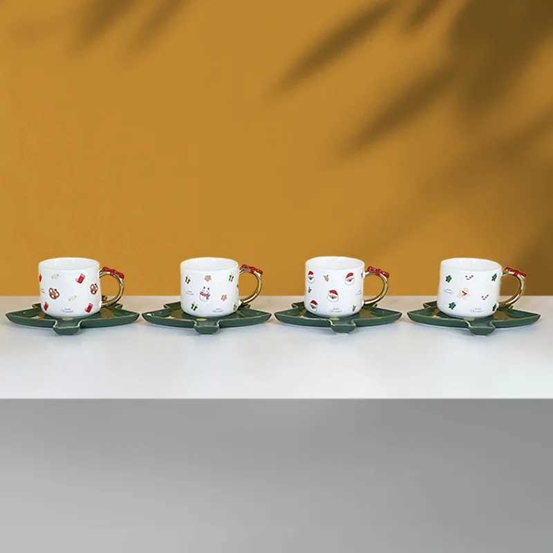Christmas tree shaped ceramic coffee cup and sauce creative bow handle Mti posture gingerbread mens patterned beverage Y241214