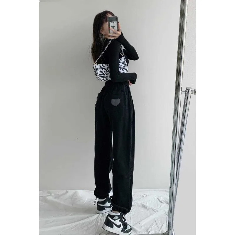 Womens Spring/Summer Korean Loose Solid Color Panel Pocket Printed Casual Sports Elastic High Waist Straight Pants 241214