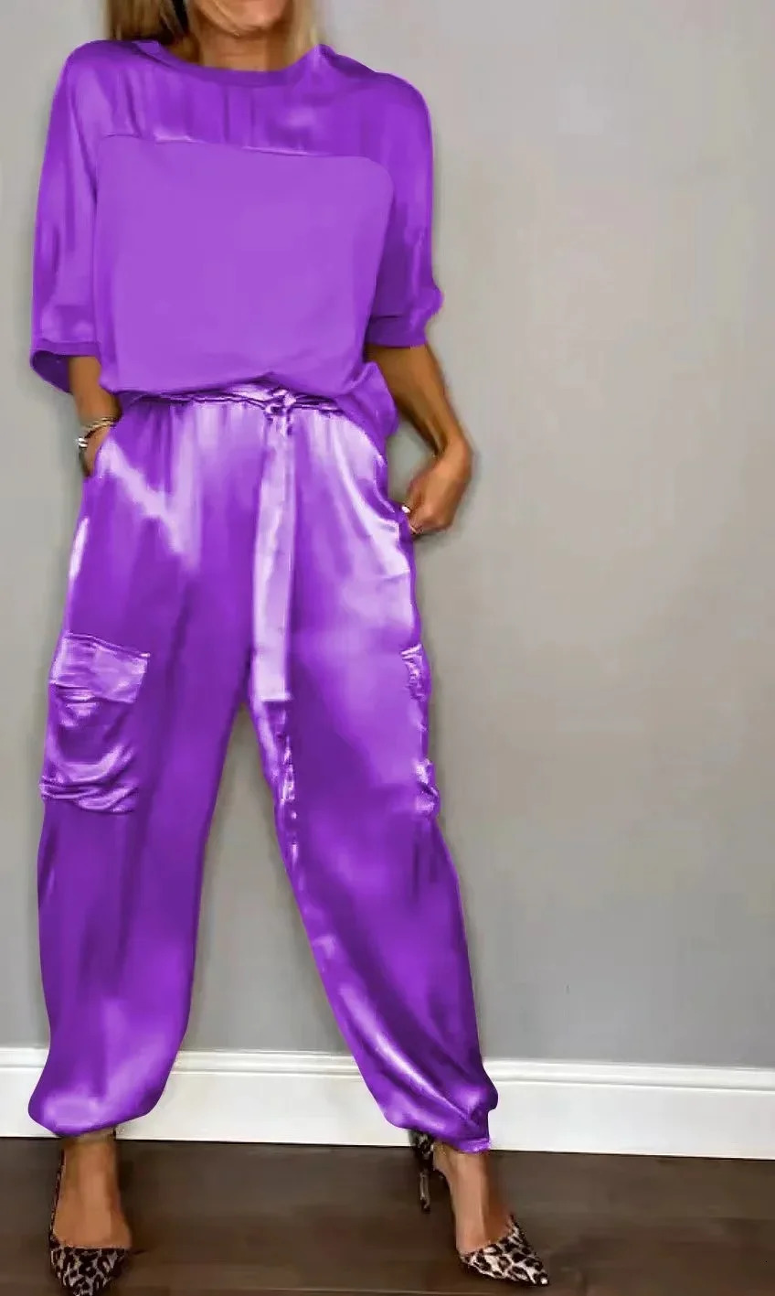 Autumn Elegant Womens Smooth Satin Set Street Scenery Smooth Satin Half Sleeve Shirt Casual Pants Sports Two Piece Set 241214