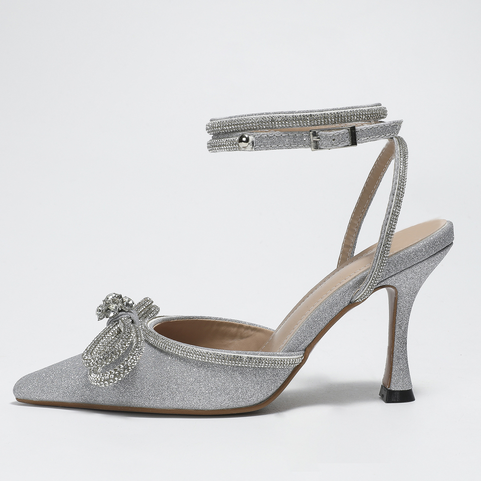 2023H New Summer Flash Black Silver Powder Fine Heel Upgraded 8.5Cm Pointed Bow Water Diamond Wheels Women's Shoes