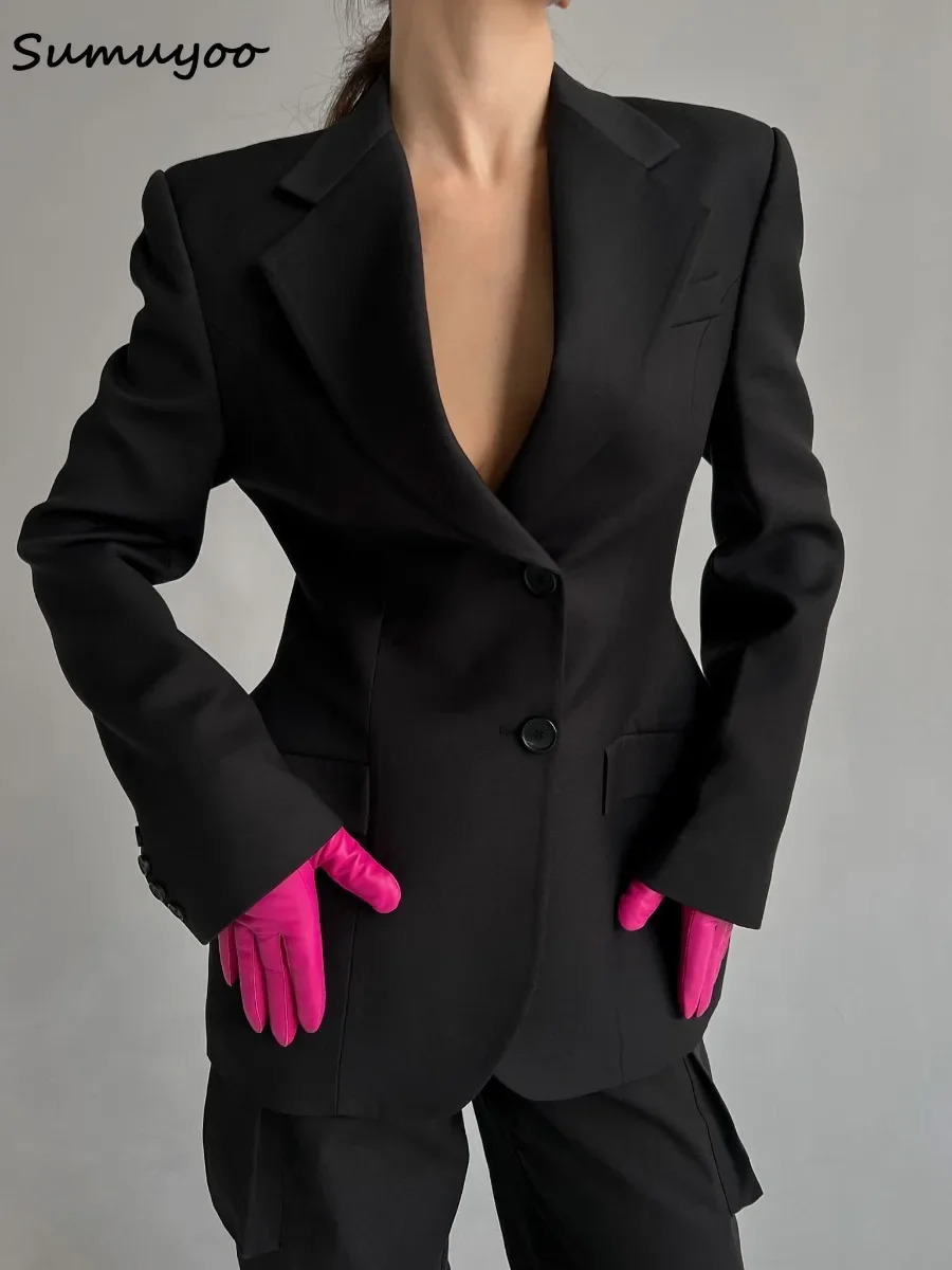 Sumuyoo Blazer Women Autumn Winter Slim Waist Chic Coats Office Ladies Double Breasted Fashion Jacket Clothing 241209