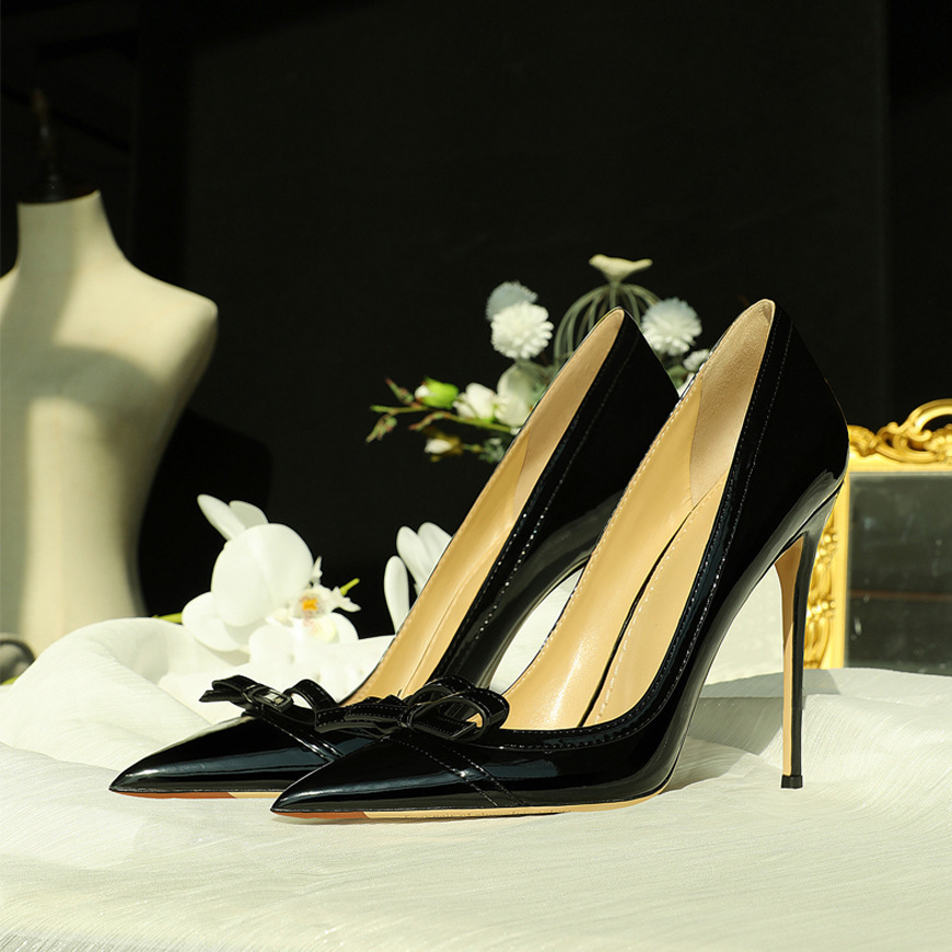 32-45 Black High Heels, Women's Slim Heel Bow, 2024 New French Banquet Professional Small Size Single Shoes