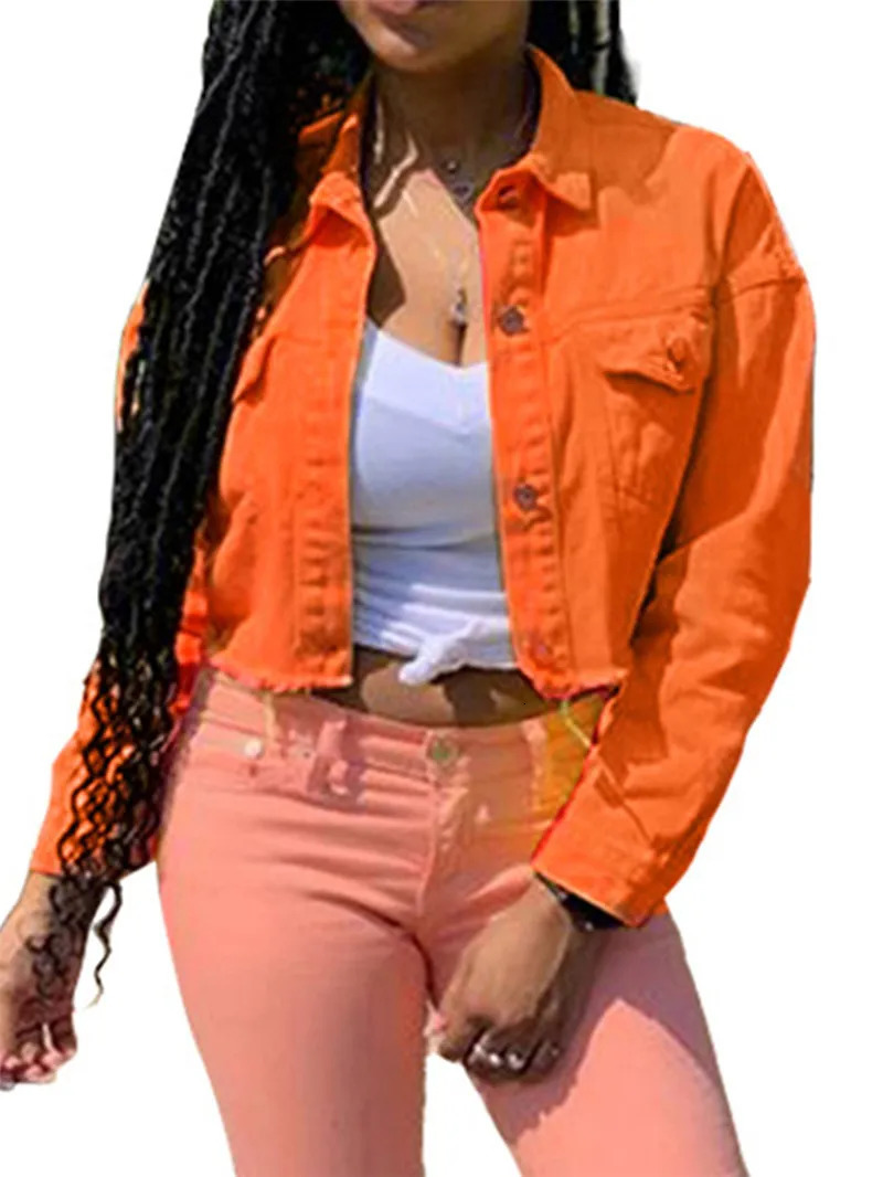 Womens denim short jacket solid color long sleeved lapel womens spring autumn button down 241211