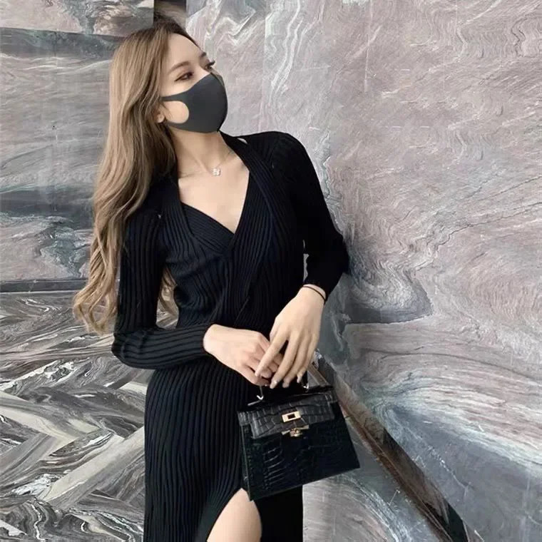 Fanan sexy camisole side split knit dress large deep Vneck high waist bandage shoulder streetwear ultrathin vest 241212