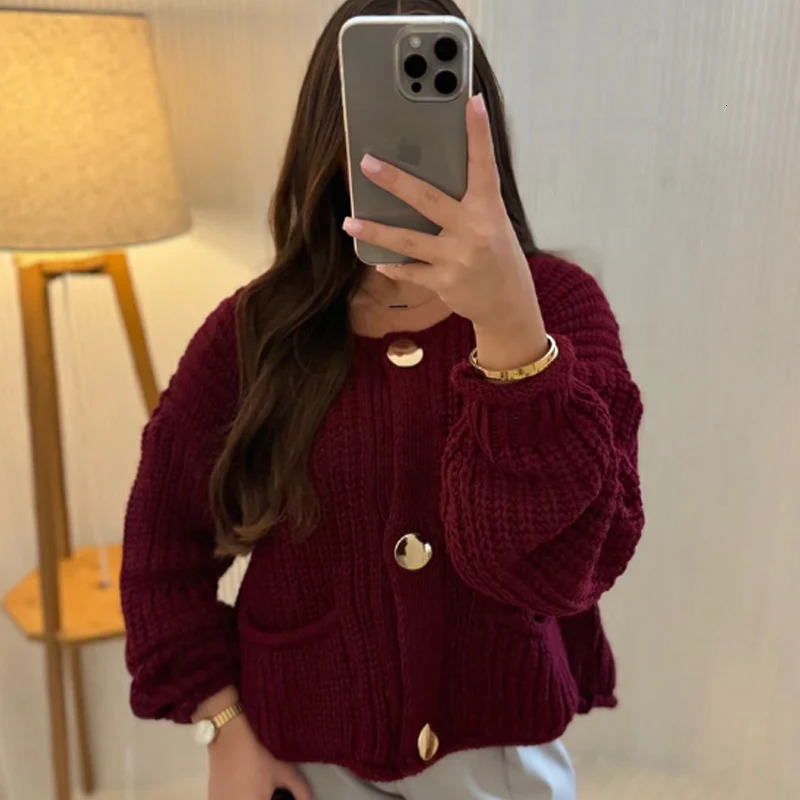 HXAO Womens Sweater Crochet Burgundy Sweater Cardigan Autumn Winter Crop Knit Outerwears Knitwear Long Sleeve Big Size Cardigan 241214
