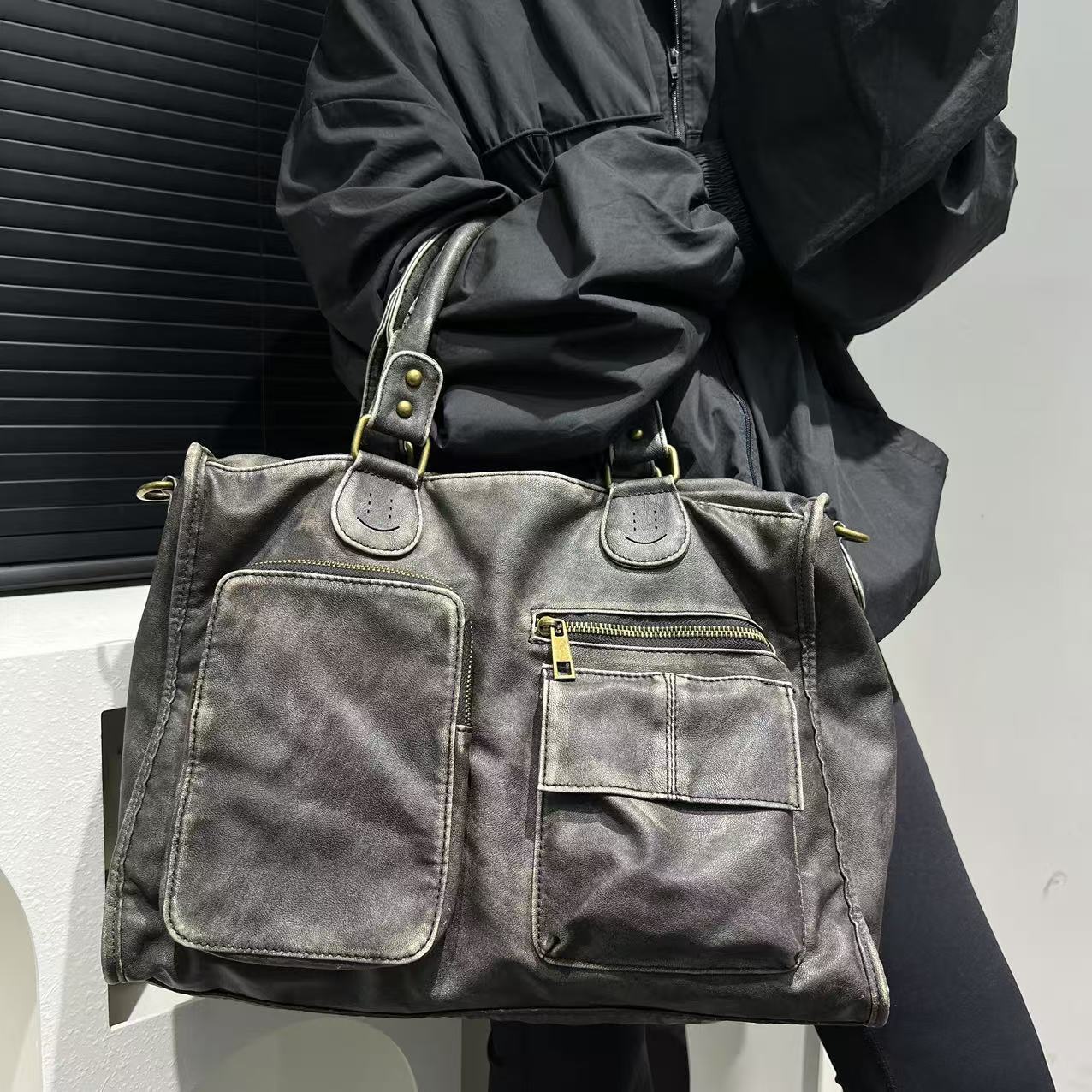 TEMU Women's Fashionable Multi Pocket Spicy Girl Motorcycle Tote Washed And Worn Single Shoulder Diagonal Cross Bag