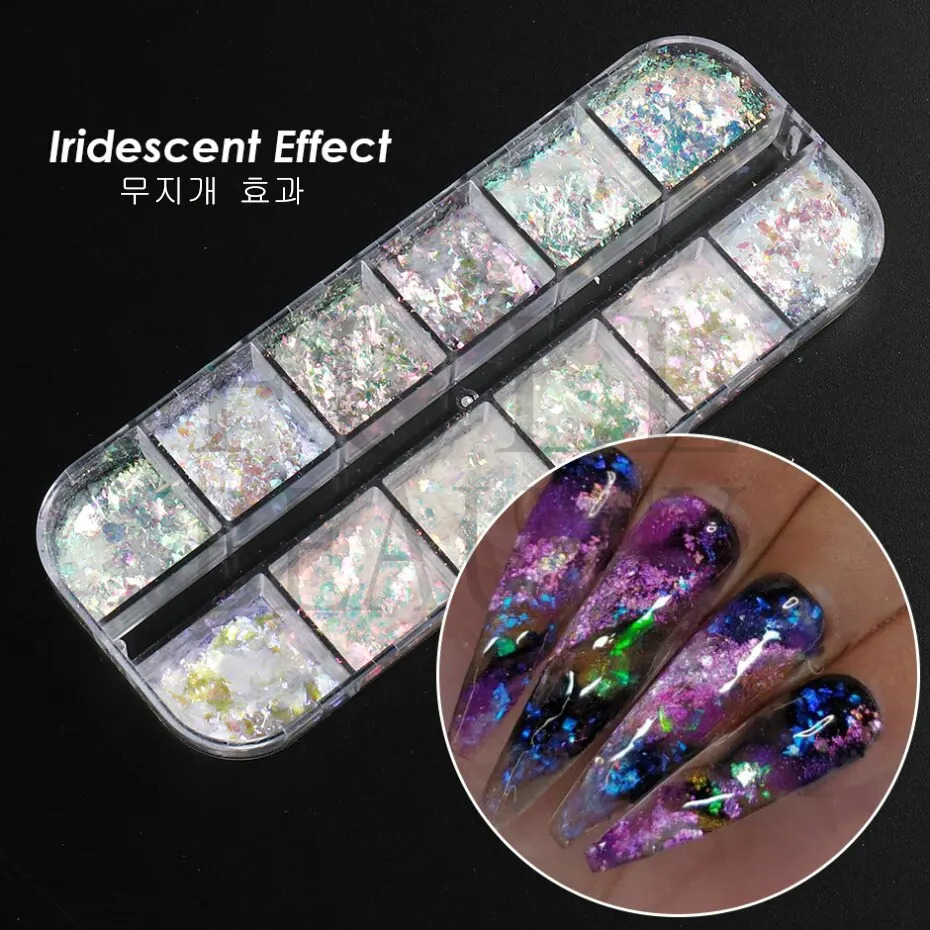 12 grid iris nail aurora glitter crystal flame slice holographic sequin charm gel polish ergonomic 241213