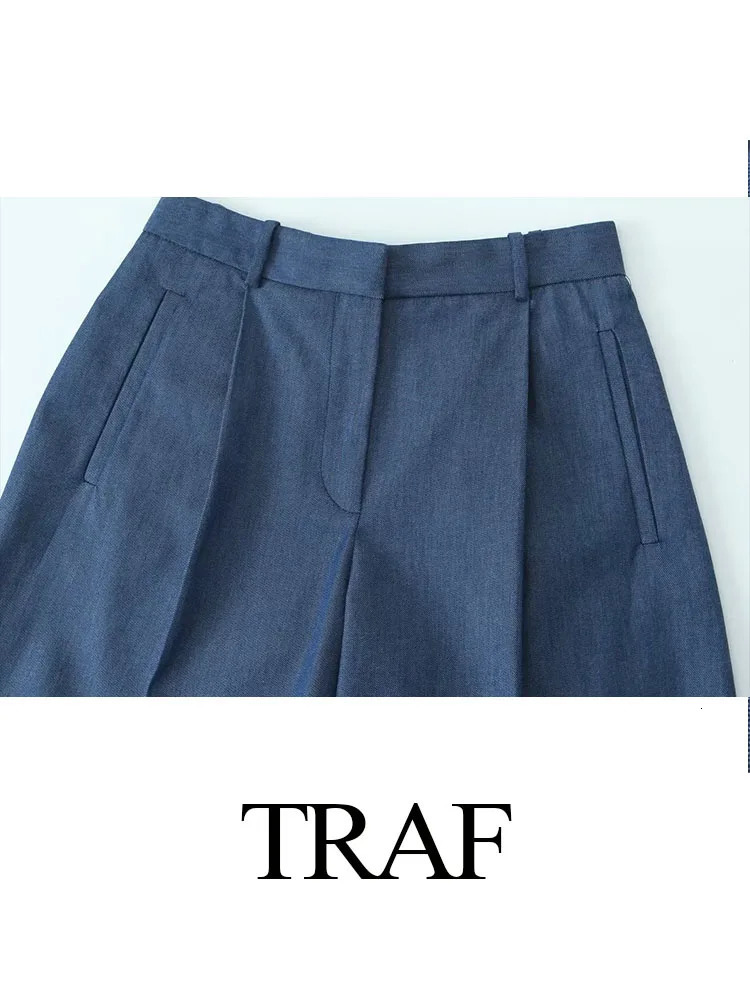 TRAF Fashion Women Pants Suit Elegant Female Long Sleeve Pockets Cropped CoatFront Pleats High Waist Pants Two Pieces Chic Set 241214