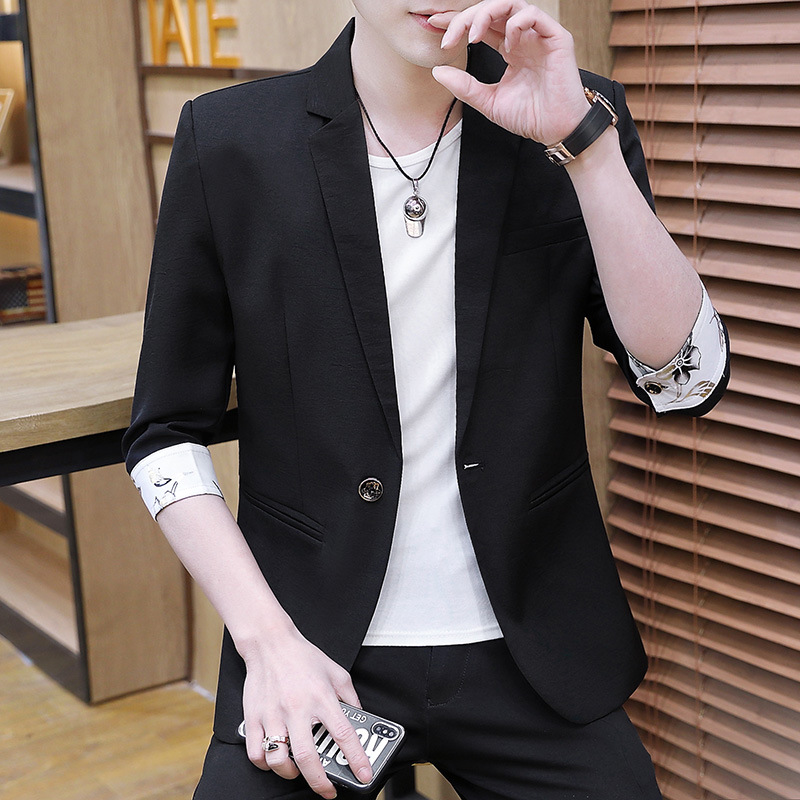 L1215New style printed solid color mid-sleeve small suit for men Korean style slim youth casual suit