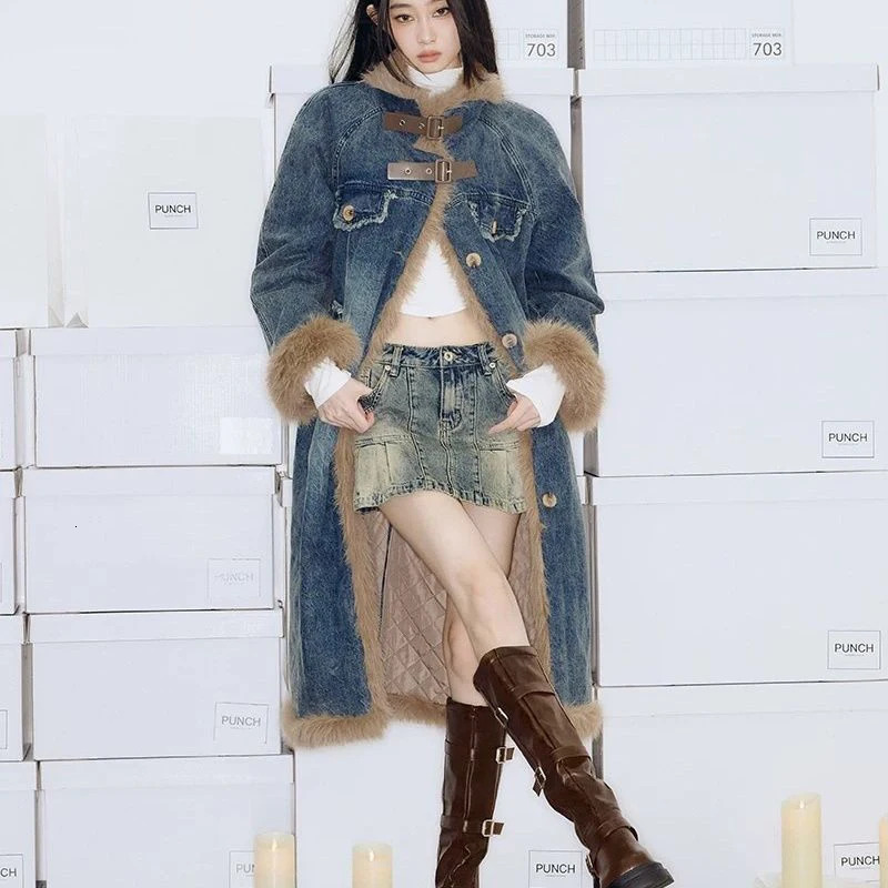 Retro warm fur collar denim jacket womens winter loose casual apron thick medium long park cotton clothing 241211