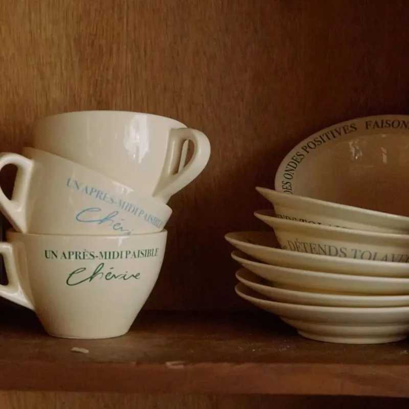 Korean Instagrams Same Retro French Colored Coffee Cup and Plate Breakfast Cup Ceramic Dining Plate 350ml Y241214