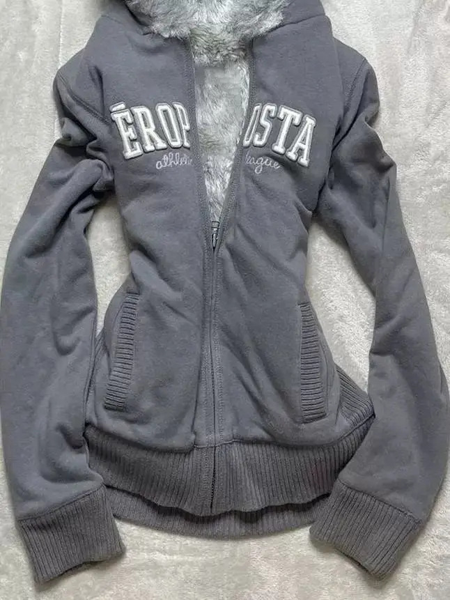 Y2K American original gray velvet thick hooded womens sweater jacket retro slim spicy girl warm zipper jacket 241209
