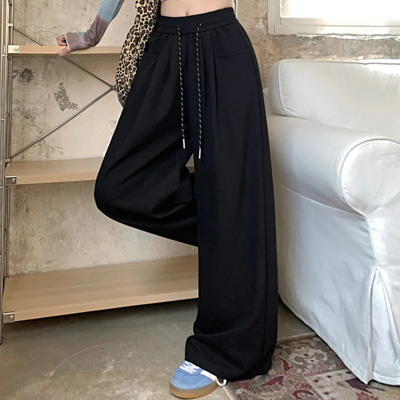 Autumn womens streetwear high waisted casual pants fashion navy blue gray wide legs luggage and bags 241212