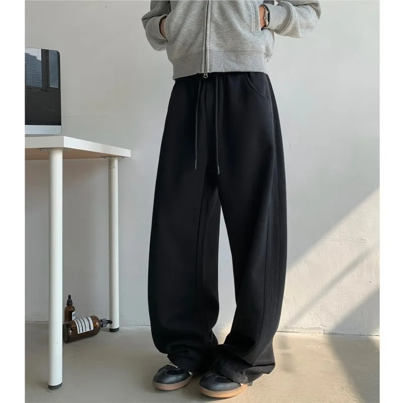 Winter Mens Tiedye Fleece Casual Pants Side Striped Wide Leg Straight Sweatpants Neutral Highquality Long Baggy Trousers 241214