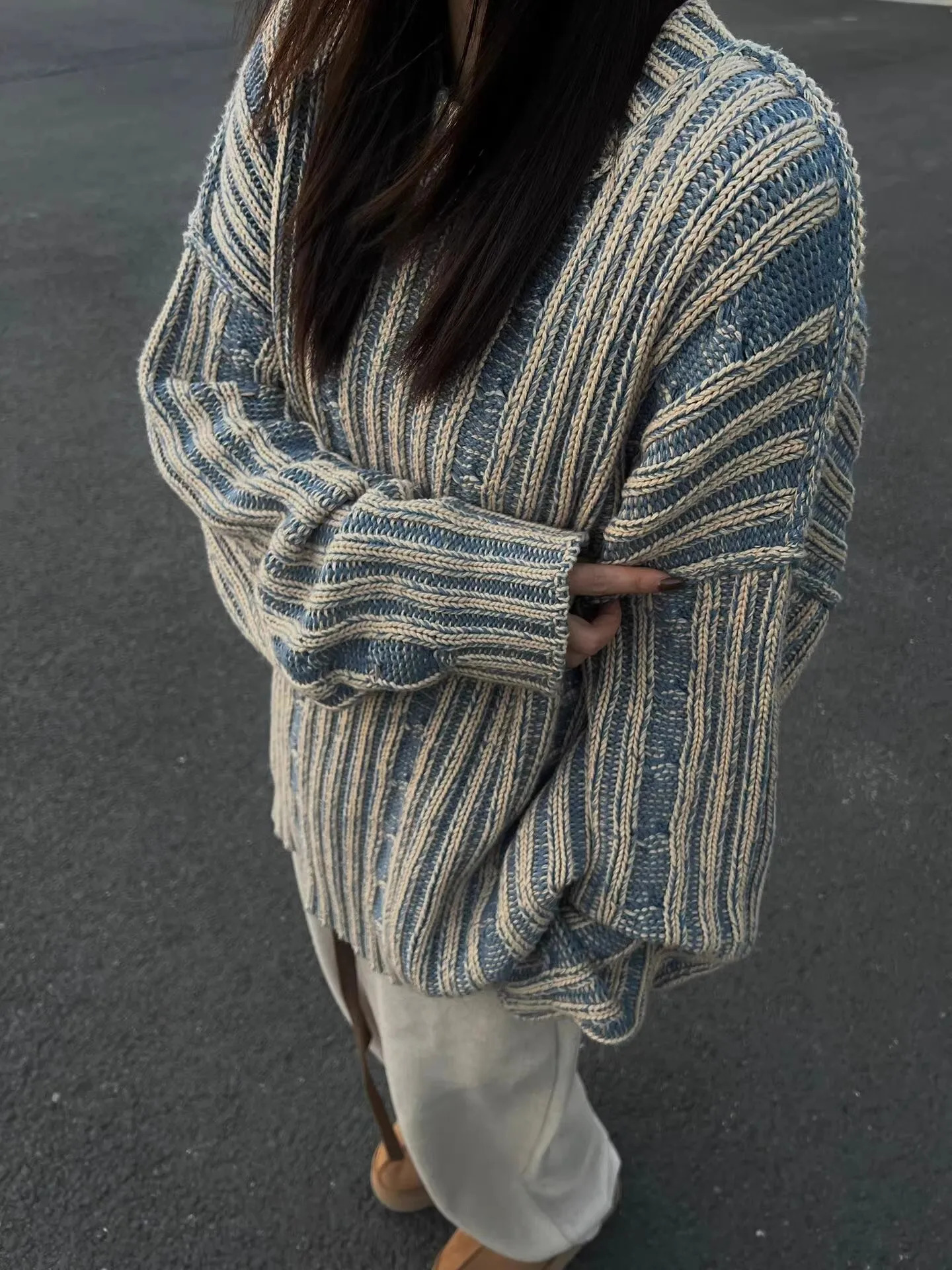 Retro striped contrasting color sweater womens spring and summer high street couple niche lazy style knitted cardigan wool 241211