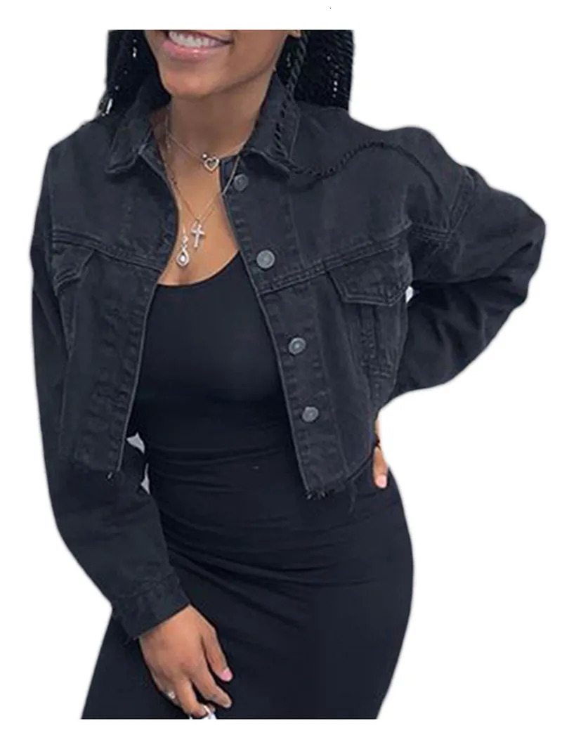 Womens denim short jacket solid color long sleeved lapel womens spring autumn button down 241211
