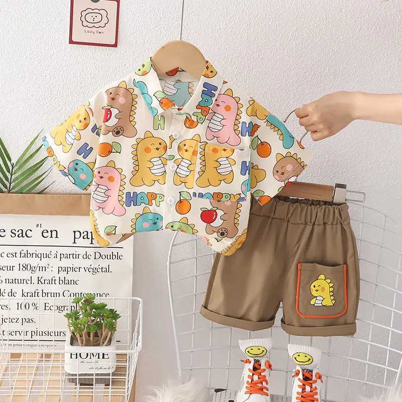 Clothing Sets Children Clothes Spring Cartoon Baby Boy Short Sleeve Full Printe Dinosaur Shirts Pants 2Pcs/set Kid Fashion Toddler Tracksuits H241214