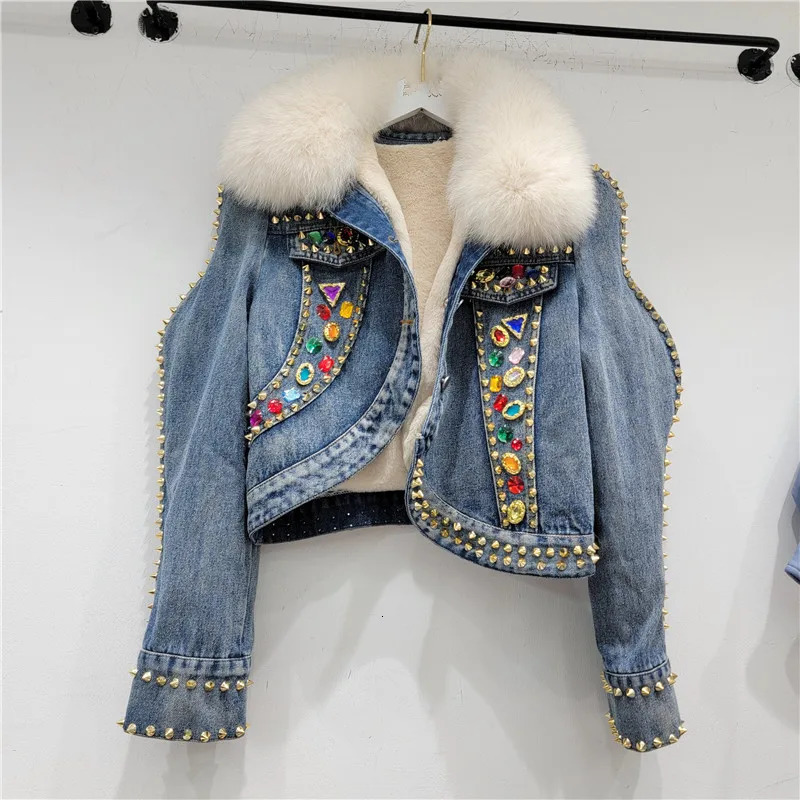 Artificial fur winter denim jacket for women thick cotton lining dress Korean version color crystal short Parka jacket 241210