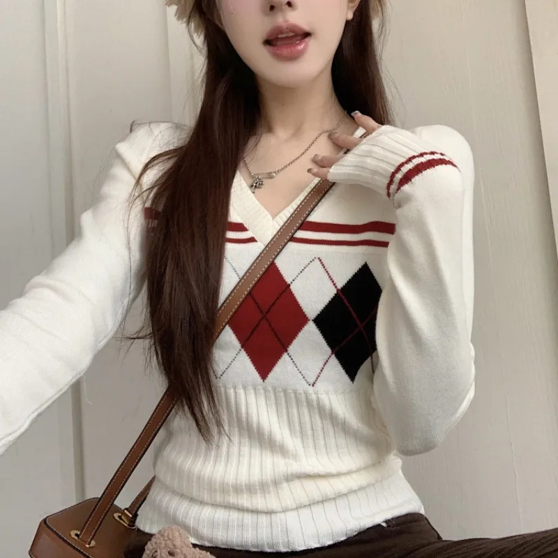 Pulleys Vneck Panel Ins Argyle Autumn Knitwear Retro Sweet and Spicy Girl Long Sleeve Fashion Trendy Harajuku Soft 241211