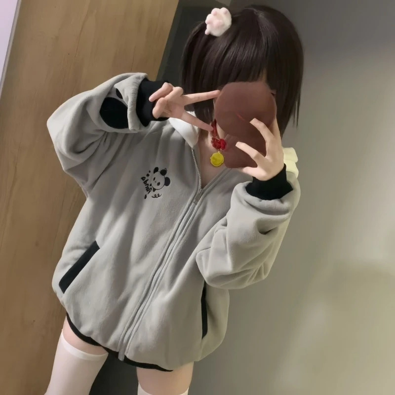 Y2k Cartoon Panda Embroidered Polar Wool Jacket Womens Hoodie Casual Loose Zipper Sportswear Aesthetics Japanese Folded Top 241209