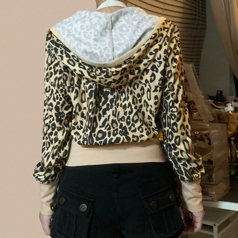 IAMTY leopard print hooded sweatshirt for women contrasting color patch work zipper hooded sweatshirt retro cardigan autumn thin coat Y2K 241214