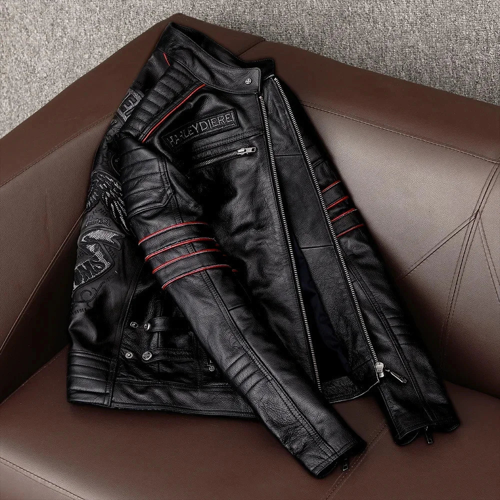 AYUNSUE Genuine Cow Leather Jacket Men Autumn Fashion Real Cowhide Coats Embroidery Short Jackets Motorcycle 241214
